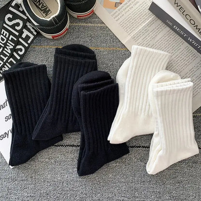 5 Pairs Cool Men's Socks Set – Black & White, Warm Autumn/Winter Sport Short Socks, Solid Color for Men