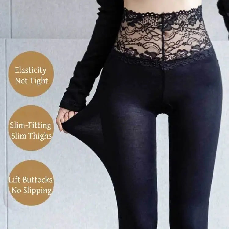 Women’s Modal Thermal Leggings – High Waisted Stretch Yoga Tights Grey Lace Trim Breathable Autumn Warm Pants