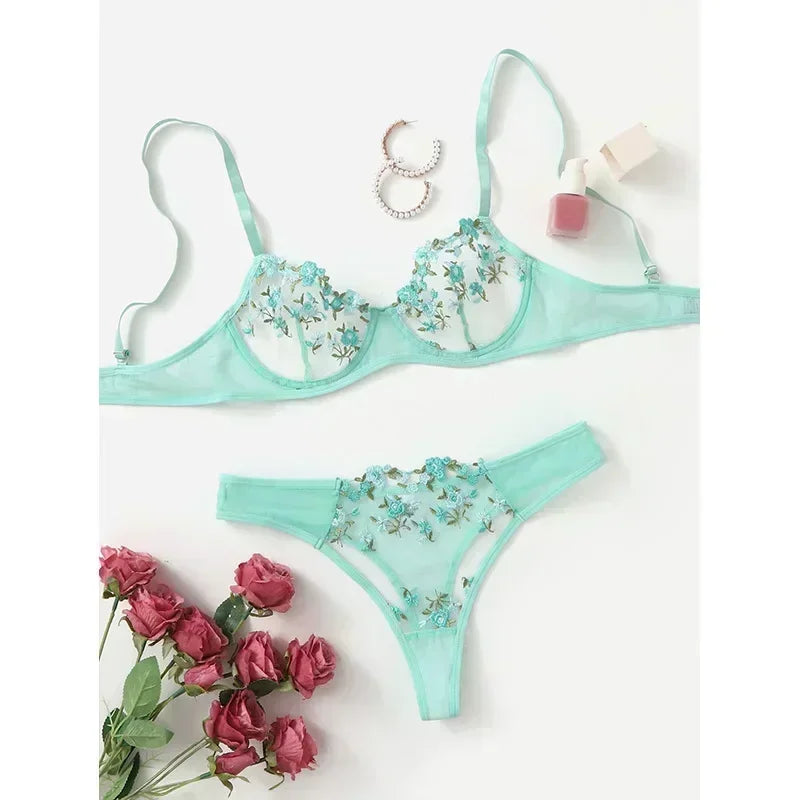 Sexy Lace Floral Lingerie Set for Women — Transparent Bra & Underwear Party Set, Sizes S-XL