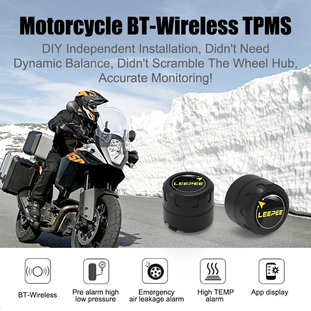Bluetooth Motorcycle TPMS with 2 Sensors – Tire Pressure Monitoring System for Pit Bike, Tyre Tester Diagnostic Kit Moto Accessories