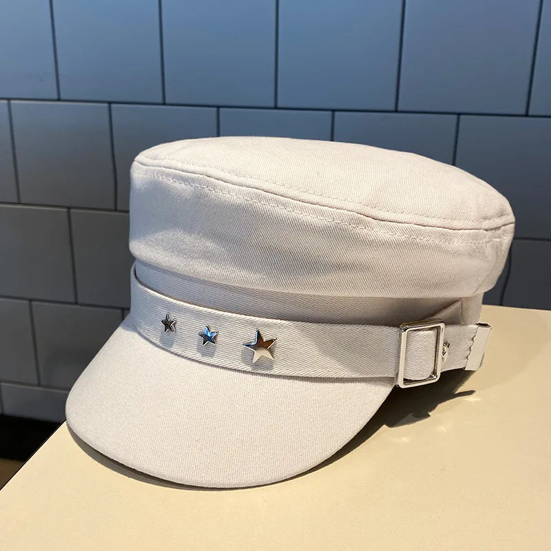Women's Black Star Beret Hat - Spring & Autumn Military Style, British Retro Fashion, Korean Caps for Mothers