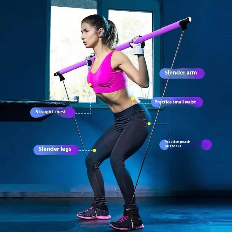 Adjustable Pilates Stick - Portable Fitness Bar with Elastic Bands for Yoga, Stretching & Home Workouts