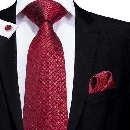 Hi-Tie Red Burgundy Plaid Silk Tie Set — Designer Men’s Necktie with Handkerchief & Cufflinks for Wedding or Business