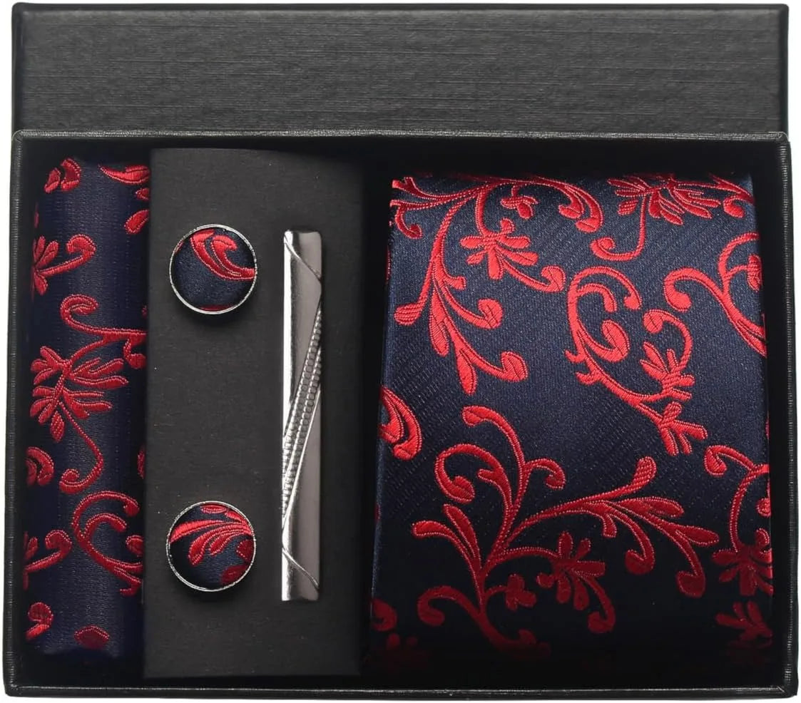 100% Silk Men’s Necktie Set with Paisley Floral Design, Business Tie with Pocket Square, Tie Clip & Cufflinks Gift Box Set for Men
