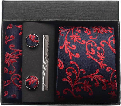 100% Silk Men’s Necktie Set with Paisley Floral Design, Business Tie with Pocket Square, Tie Clip & Cufflinks Gift Box Set for Men
