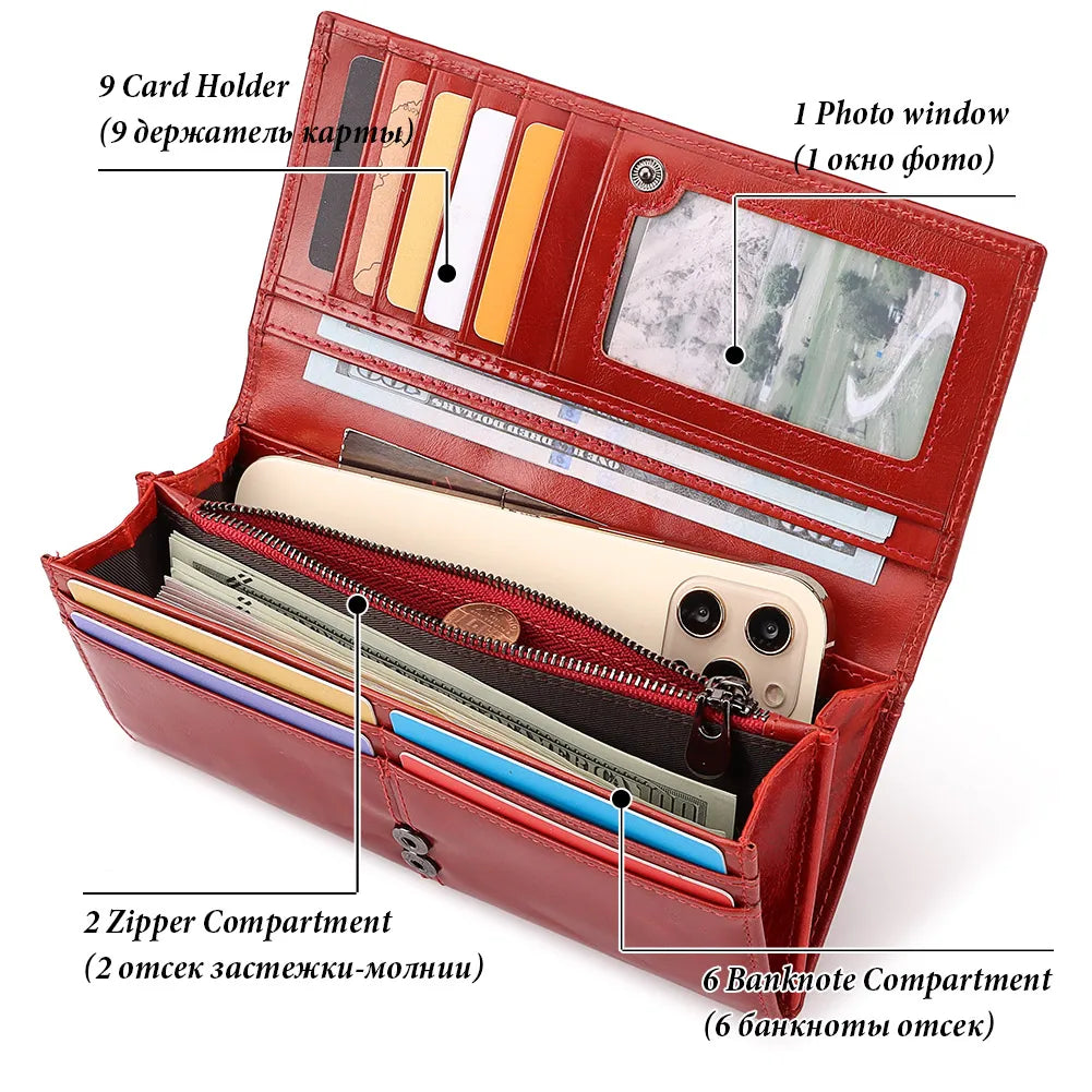 Women’s Genuine Leather Clutch Wallet – RFID Blocking Phone Purse with Zipper Pocket & Card Holder
