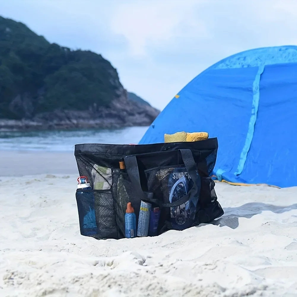 Extra Large Mesh Beach Bag with Zipper - Breathable Tote with Side Pockets, Portable Large Capacity Organizer