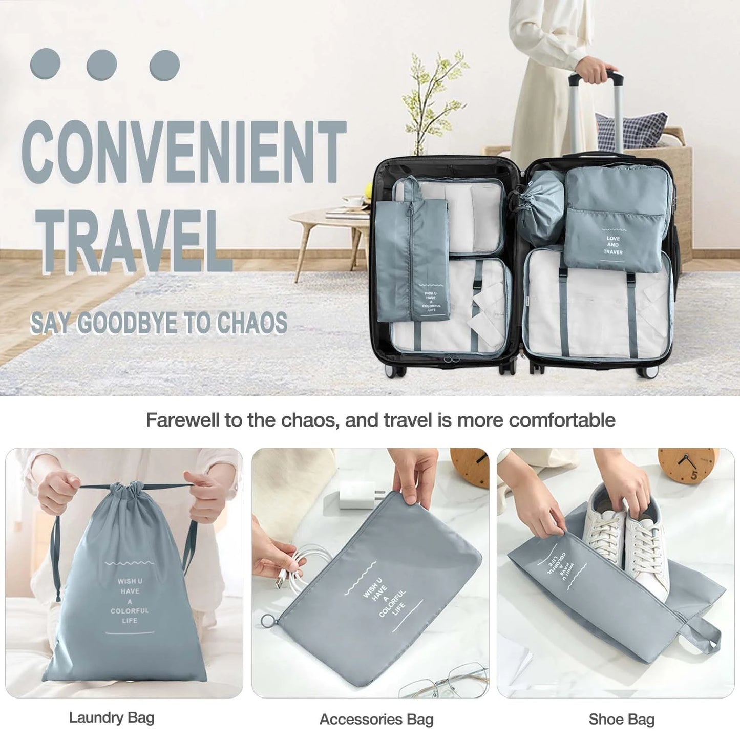 7-Pcs Travel Organizer Packing Cubes Set – Portable Luggage Storage Bags for Clothes, Shoes & Accessories