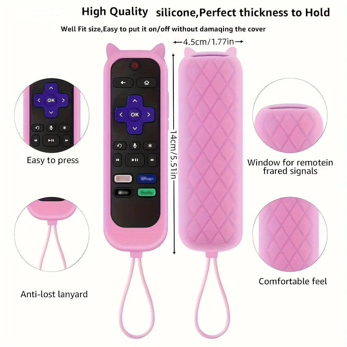 Glow-in-the-Dark Cat Ear Silicone TV Remote Cover - Cute Protective Case for TCL, Hisense & Roku Remotes