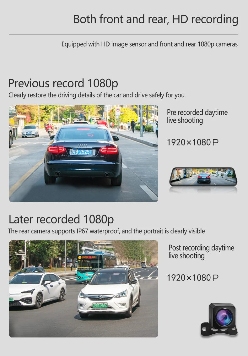 10-Inch Mirror Camera for Car – Touch Screen Video Recorder, Front & Rear Dash Cam, Rearview Mirror DVR Black Box
