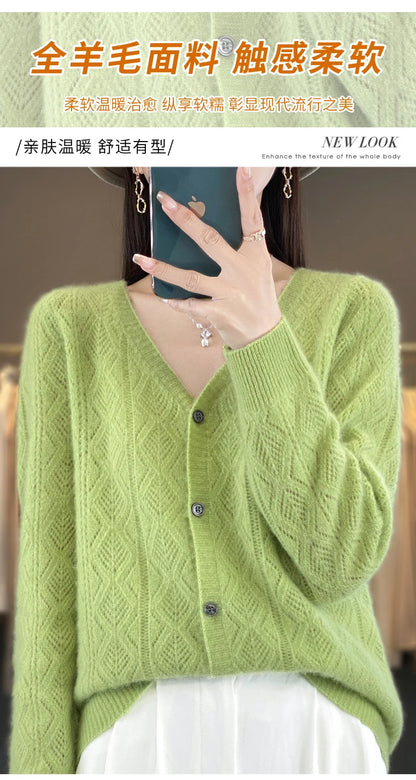 Women's 100% Wool Cashmere Cardigan – V-Neck, Super Soft, Loose Fit, Long Sleeve Knit Sweater