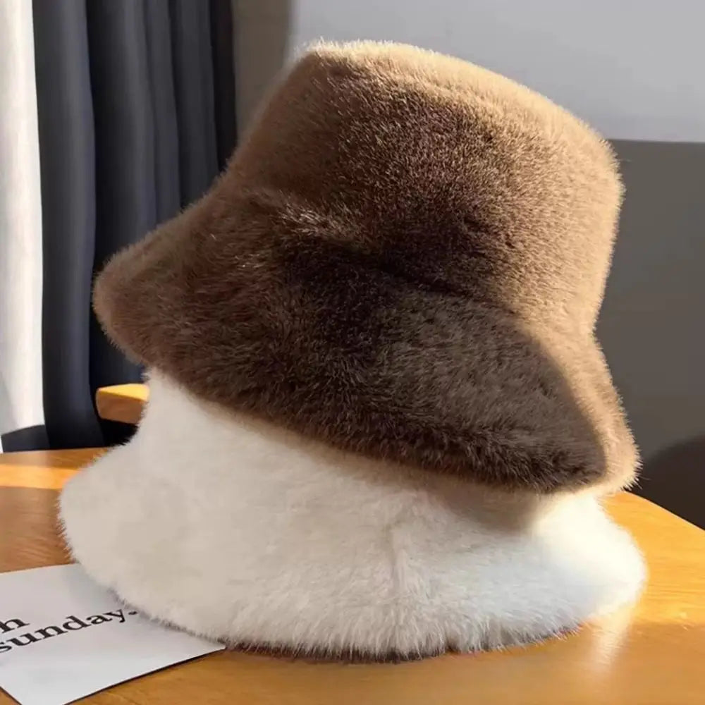 Fluffy Fur Fisherman Hat for Women – Winter Plush Ear Protection, Windproof Warm Solid Fashion Bucket Cap