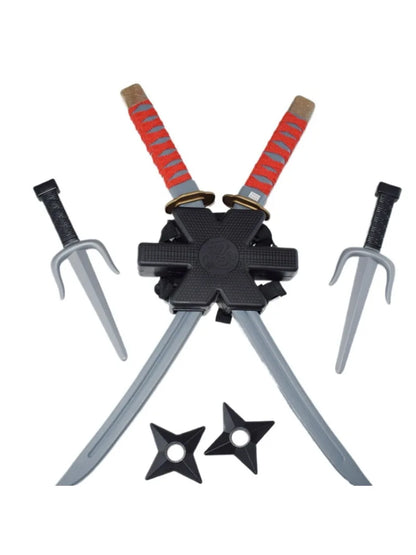 New 56cm Halloween Samurai Ninja Knife Set – 7-Piece Retro Plastic Daggers, Deadpool Cosplay Double Sword Props for Costumes and Toys