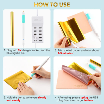 USB Hot Foil Pen Set – 0.8mm Heat-Active Gold Foil Pen for Paper, Leather, DIY Scrapbooking & Cards