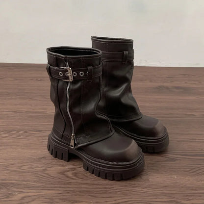 Women’s Winter Biker Boots – Fashion Belt Buckle Platform Short Booties, Casual Knight-Style Flats