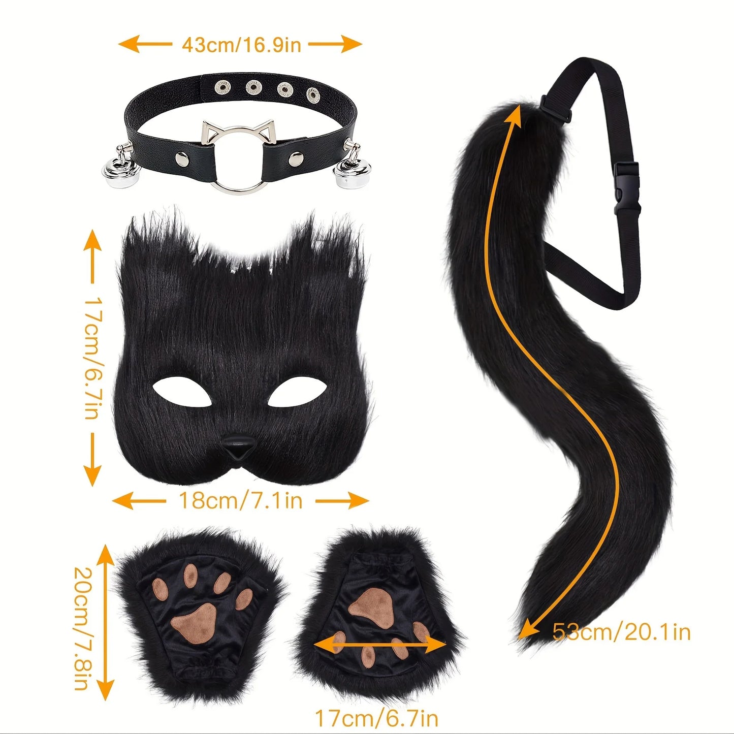 5pcs Fluffy Fur Fox Tail & Cat Paws Gloves Set — Wolf Mask Halloween Cosplay Costume Accessories for Theme Party Dress-Up