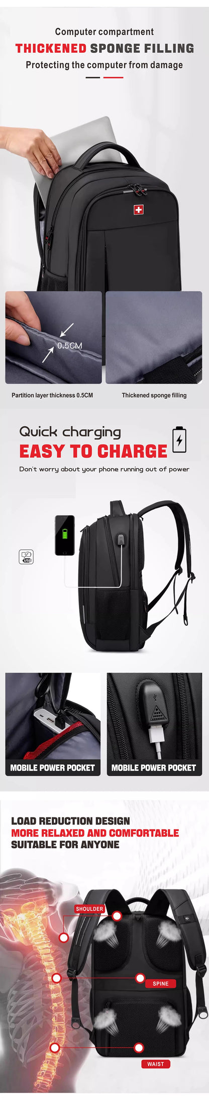SWISS Men's Laptop Backpack – Waterproof, Anti-Theft USB Bag, Large Capacity Travel & School Mochila