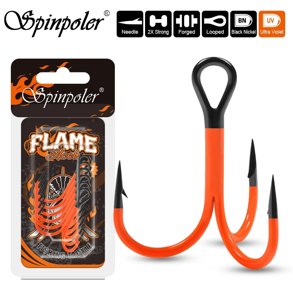 Spinpoler Flame Treble Fishing Hook – UV-Active Violet Paint, 2X Strong Hi-Carbon Steel for Soft Bait & Swimbait Tackle, #1, #1/0, #2/0