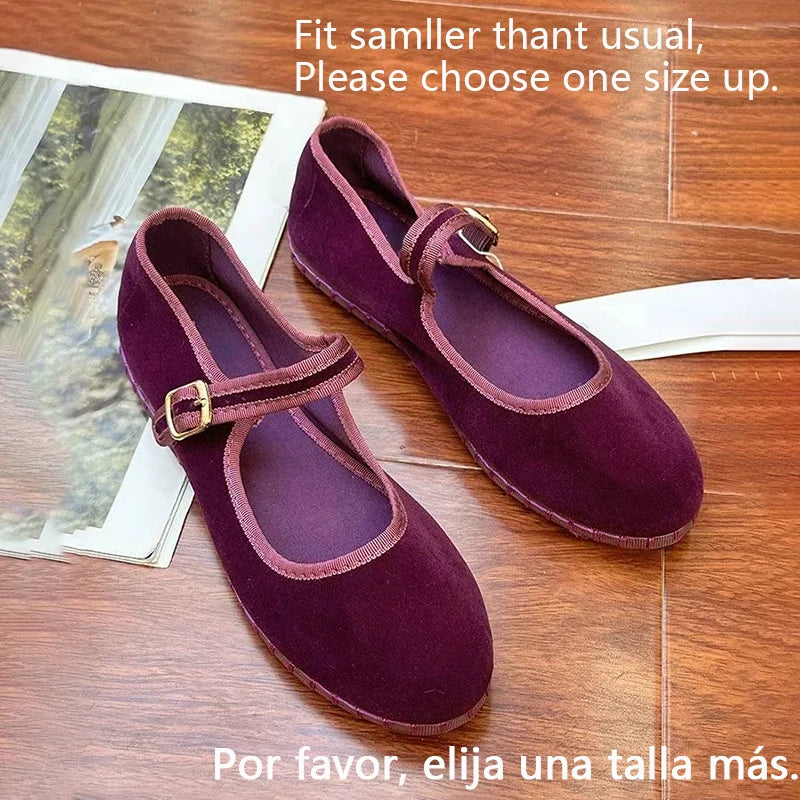Women's Velvet Mary Jane Shoes – Hand-Stitched Ballet Flats, Casual Streetwear Loafers in Solid Colors