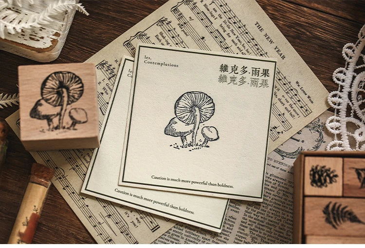 Yoofun 7-Piece Vintage Moon & Plant Wooden Stamps — Rubber Stamps for Scrapbooking, DIY Craft & Stationery