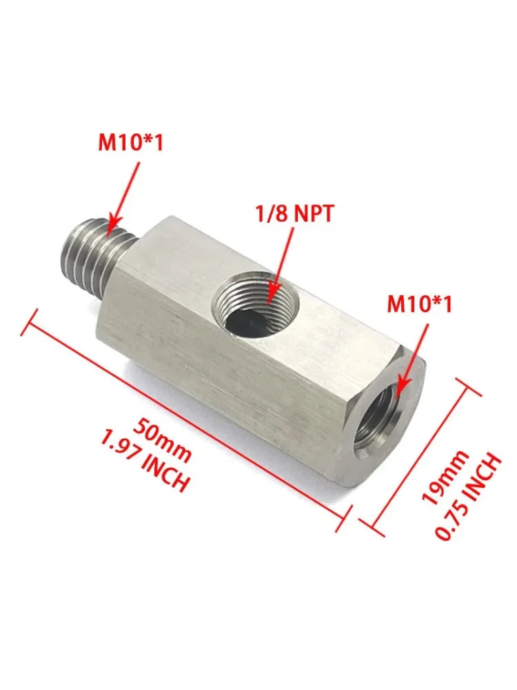 Oil Pressure Sensor Tee Adapter — M10x1.0 to M10x1.0 with 1/8NPT Female Side Holes for Turbo Supply Feed Line Gauge