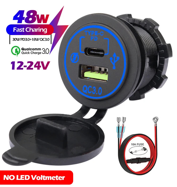 48W Quick Charge 3.0 Waterproof USB Car Charger 12V/24V PD Type-C + QC3.0 Dual USB Fast Charging Socket with LED Voltmeter for Cars, Trucks & Boats