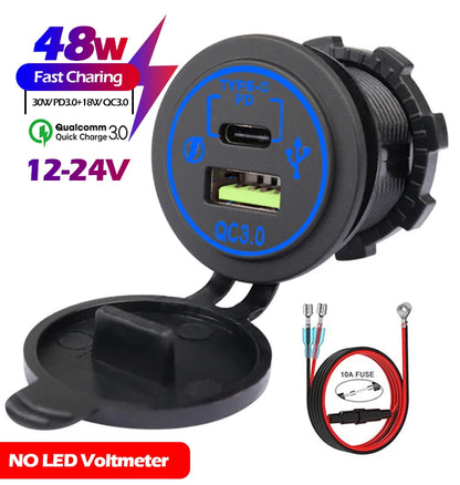 48W Quick Charge 3.0 Waterproof USB Car Charger 12V/24V PD Type-C + QC3.0 Dual USB Fast Charging Socket with LED Voltmeter for Cars, Trucks & Boats