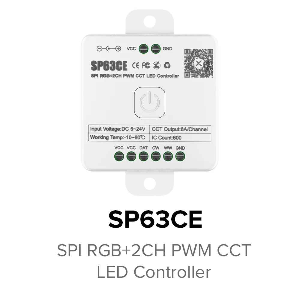 SP630E All-in-One LED Controller 5CH PWM SPI, RGB/RGBW/CCT Music Sync Bluetooth, Compatible with WS2812B WS2811 SK6812 FCOB 5050 5V–24V LED Strip