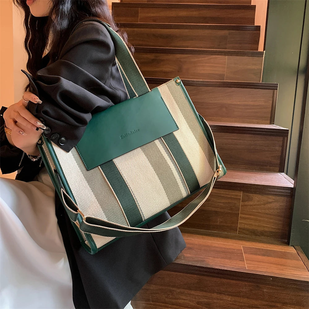 MOODS Quality Canvas Tote Bag for Women 2023 – Luxury Designer Handbag, Contrast Color Striped, Big Shoulder Crossbody Shopper Totes