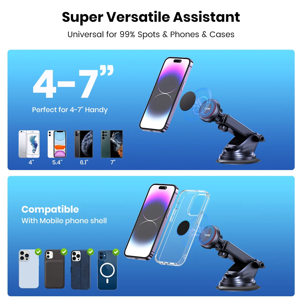 TOPK Magnetic Car Phone Mount – N52 Strong Magnet, Adjustable Telescopic Arm, Dashboard & Windshield Suction Cup Holder