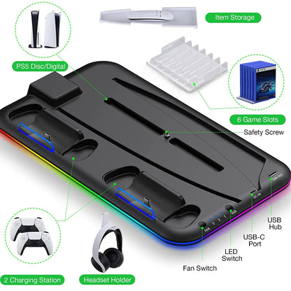 PS5 Stand and Turbo Cooling Station with Controller Charger - RGB Light & Headset Holder for Playstation 5 Digital/Disc
