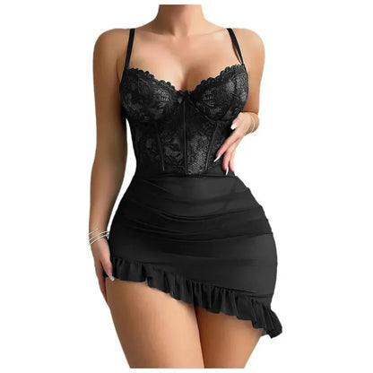 Transparent Underwire Bra & Lingerie Set — Sexy See-Through Lace Nightdress Pajamas for Women