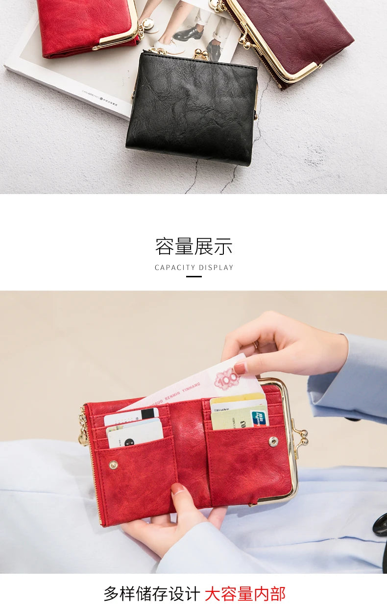 MIYIN Women’s Small Wallet – RFID Compact Bifold Leather Coin Purse with Zipper & Kiss Lock, Vintage Design