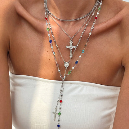 4Pcs Colorful Crystal Necklace Set - Gold & Silver Y-Shaped Pendant Chain Jewelry for Women with Cross Design