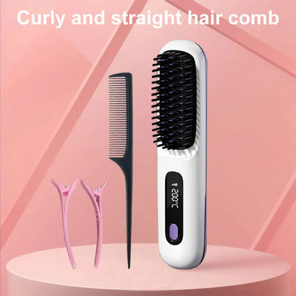Cordless Hair Straightener Brush – Anti-Scald Electric Hot Comb with 3 Temperature Settings