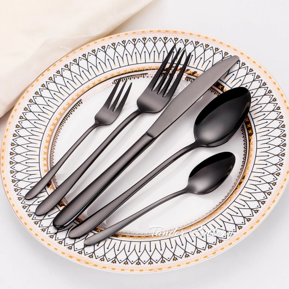 30/35/40-Piece Western Tableware Set – Elegant Black Stainless Steel Cutlery with Mirror Finish, Knife, Fork, Spoon for Kitchen and Dining