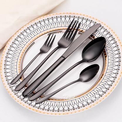 30/35/40-Piece Western Tableware Set – Elegant Black Stainless Steel Cutlery with Mirror Finish, Knife, Fork, Spoon for Kitchen and Dining
