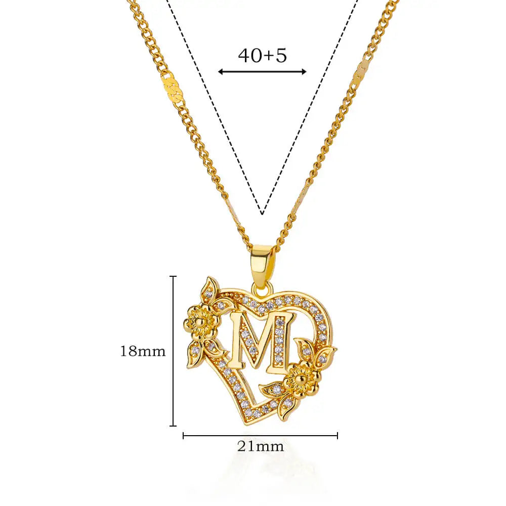 Gold Zircon Heart Initial Necklace – Stainless Steel Letter Pendant Jewelry for Women