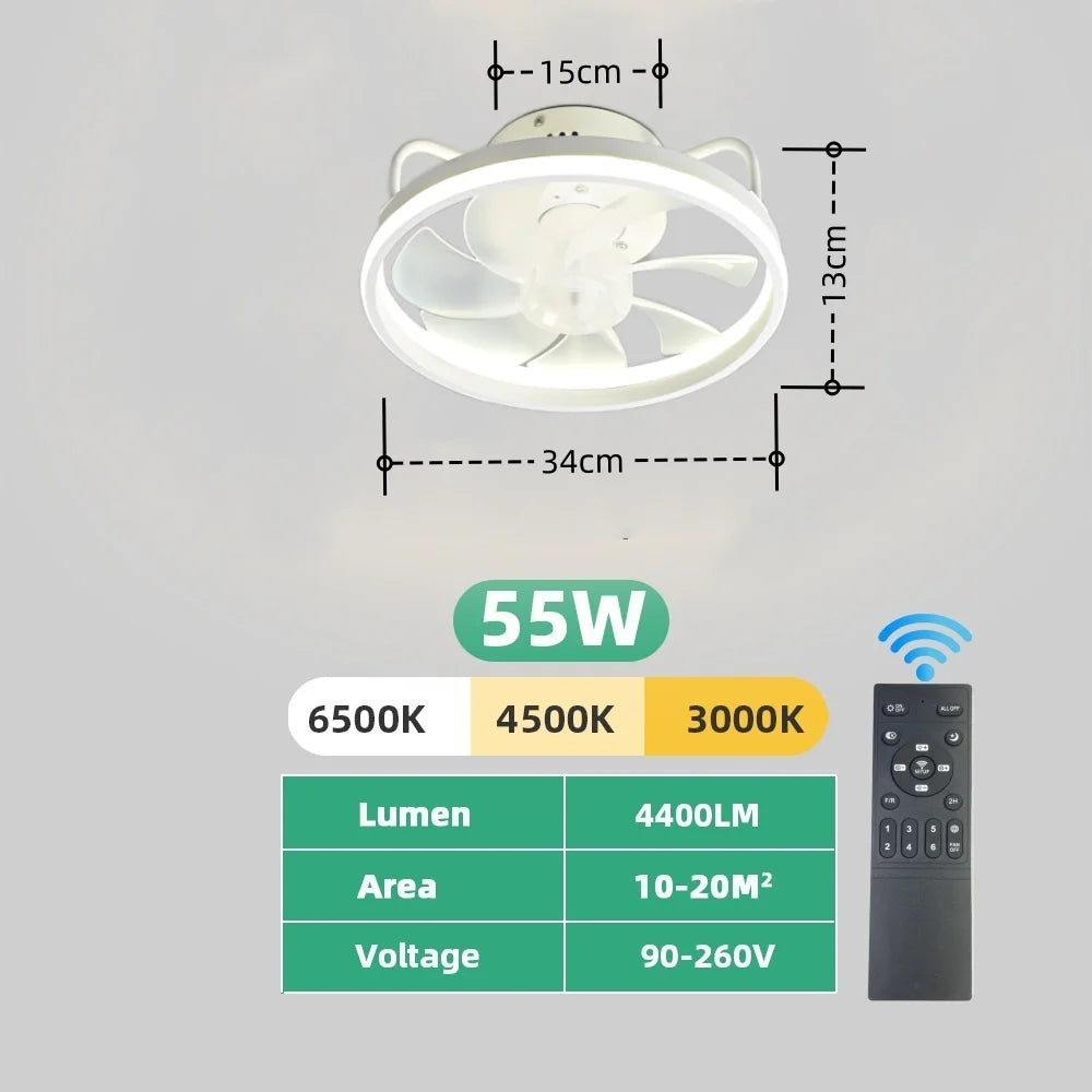 Modern LED Ceiling Fan Light with DC Motor - 6 Speed, Timer, Low Floor Attic Fan, Remote Control Decorative Light