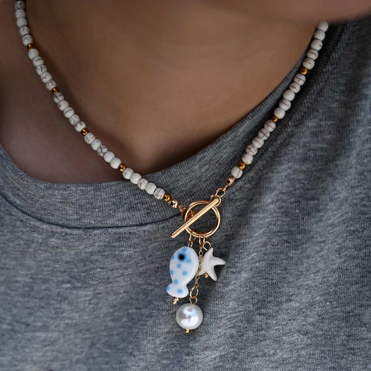 Bohemian Fish & Starfish Pendant Necklace - Sea-Inspired Ceramic Beach Jewelry with Synthetic Turquoise Beads