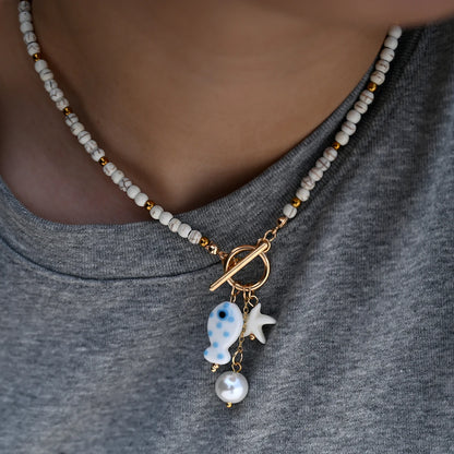 Bohemian Fish & Starfish Pendant Necklace - Sea-Inspired Ceramic Beach Jewelry with Synthetic Turquoise Beads