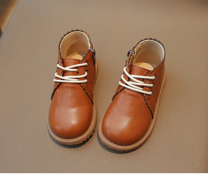 Girls’ Leather Ankle Boots 2024 — Spring & Autumn Lace-Up Side Zipper Rubber Boots, Sizes 21-30