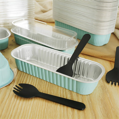 50Pcs Mini Cake Pans Set with Lids and Fork Spoons - 200ml Foil Rectangle Baking Cups, Aluminum Loaf Pans for Portable Bread