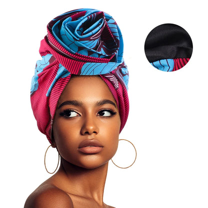 African Satin Lined Turban Cap - Floral Print Big Flower Headwrap Bonnet for Women Muslim Headscarf Beanie Hat