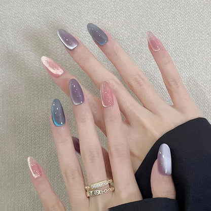 24Pcs French Press On Nails - Almond Fake Nail Tips with Glue, White Edge Design & Pink Stiletto Style Manicure Set