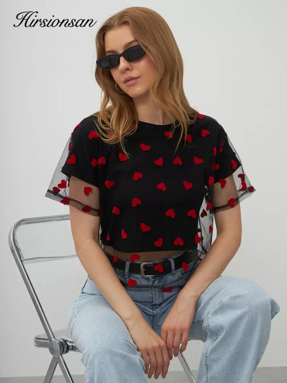 Hirsionsan Heart Mesh Patchwork Vintage T-Shirt – Y2K Aesthetic Streetwear Women’s Casual Cotton Short Sleeve Top