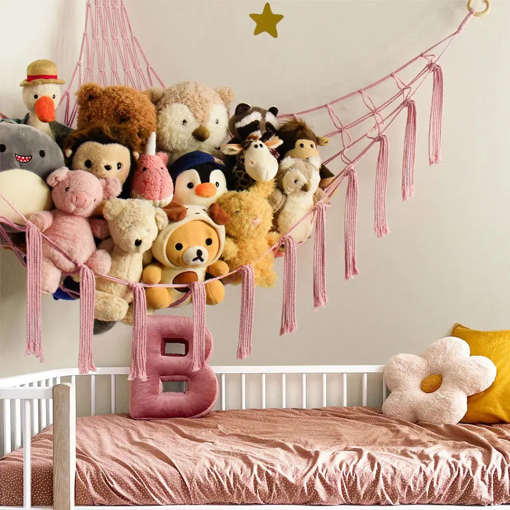 Kids Toy Hammock Wall Corner Hanging Storage Net – Woven Cotton Stuffed Animal Organizer