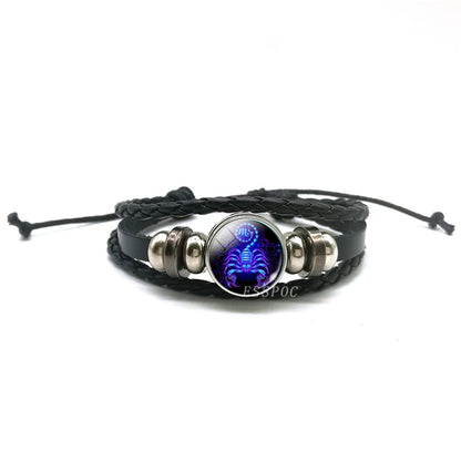 New Men's 12 Constellation Black Braided Leather Bracelet – Punk Style Zodiac Sign Multilayer Wrap Bracelet for Birthday Gifts