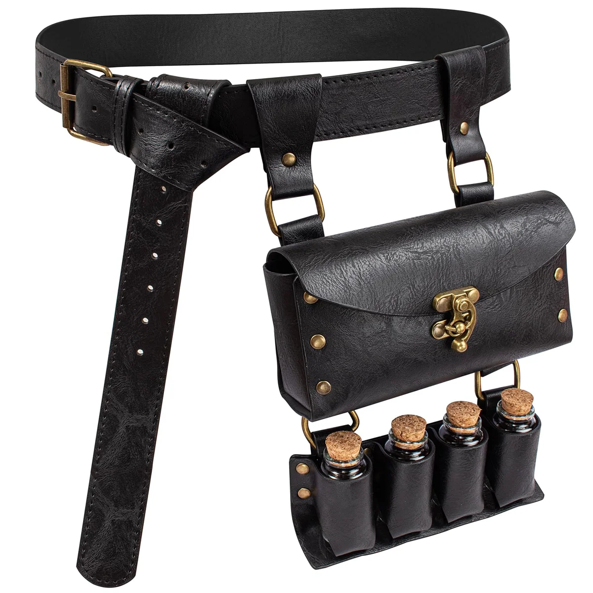 Renaissance Leather Cosplay Belt – Medieval Wizard Waist Bag with Alchemy Bottle, Cork Stopper & Copper Coin