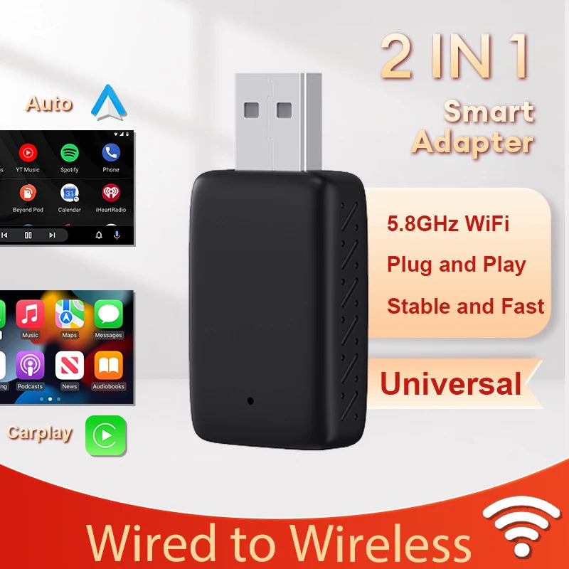 2025 2-in-1 Wired to Wireless CarPlay Adapter – Android Auto Smart Box, Plug & Play, Universal with OTA Update